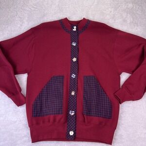 Vintage Women's Large Cardigan w/Hand‎ Made Pockets & Painted Buttons - USA 90s